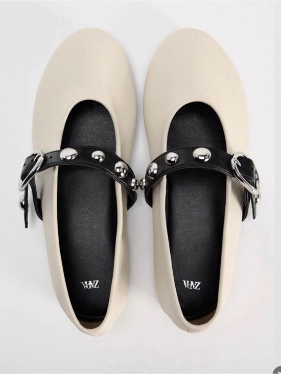 Zara Shoes - Zara Cream Leather Studded Mary Jane Ballet Flats EU 39 US 8.5 Buckle Balletcore